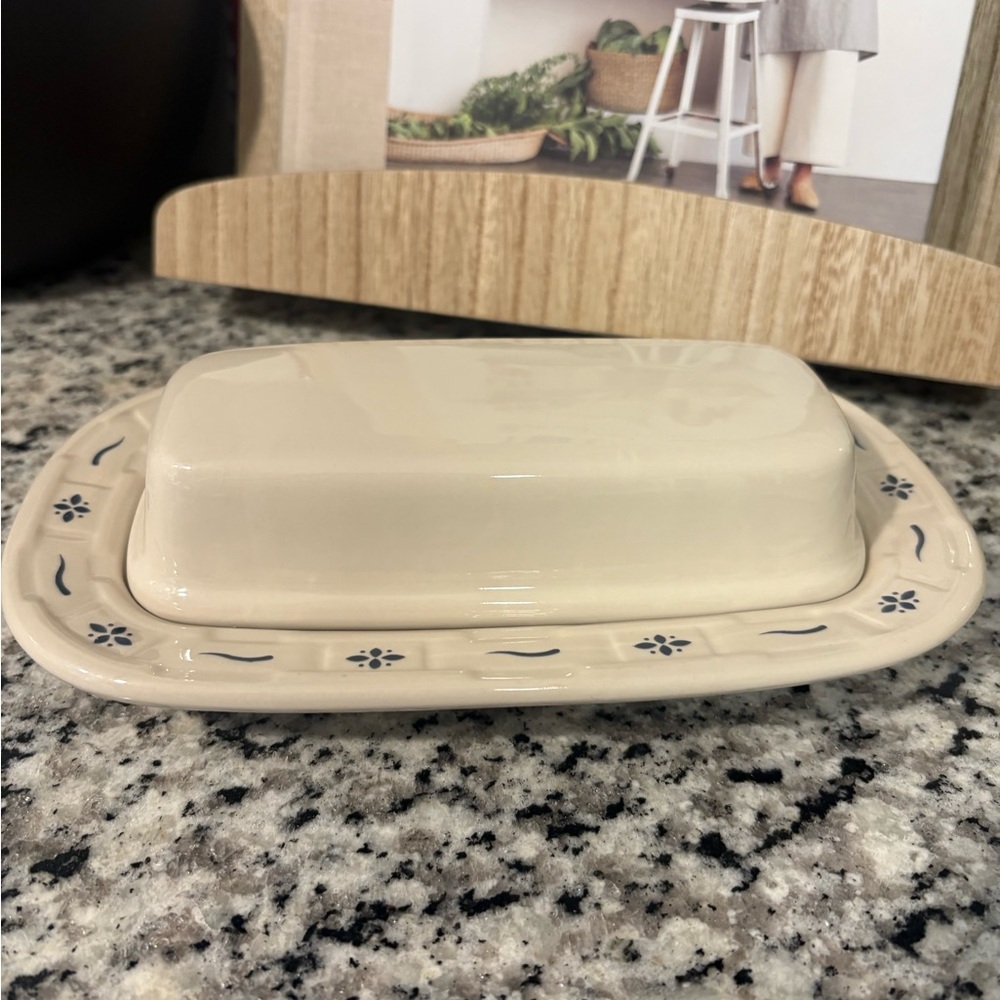 Longaberger Pottery Woven Traditions Classic Blue Covered Butter Dish
